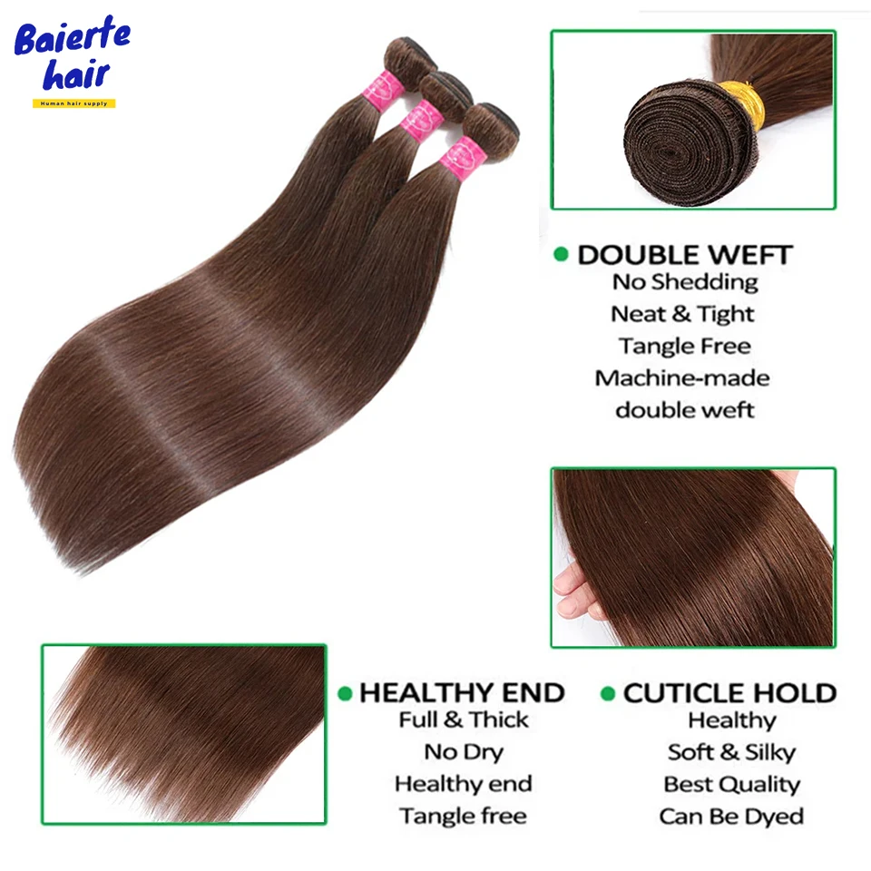 Cabelo Humano Liso Virgem Castanho Chocolate em Pacotes de 3/4 Peças, Extensões de Cabelo Humano Liso Extremo para Mulheres - Liquidação