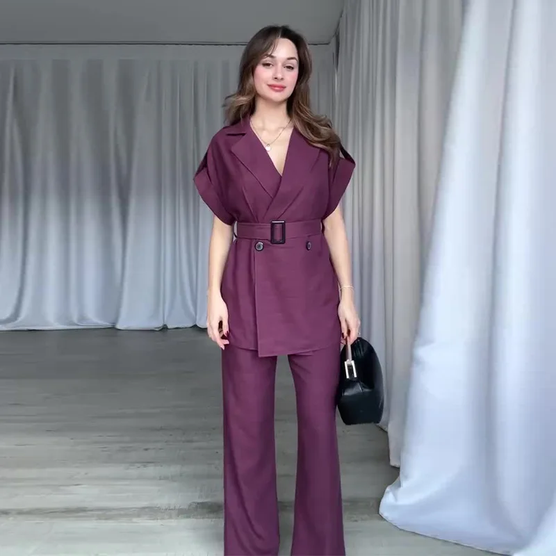 

Модный однотонный офисный женский комплект из двух предметов для женщин с зубчатым воротником и коротким рукавом, сращенный пояс, топ, брюки с высокой талией, повседневные комплекты