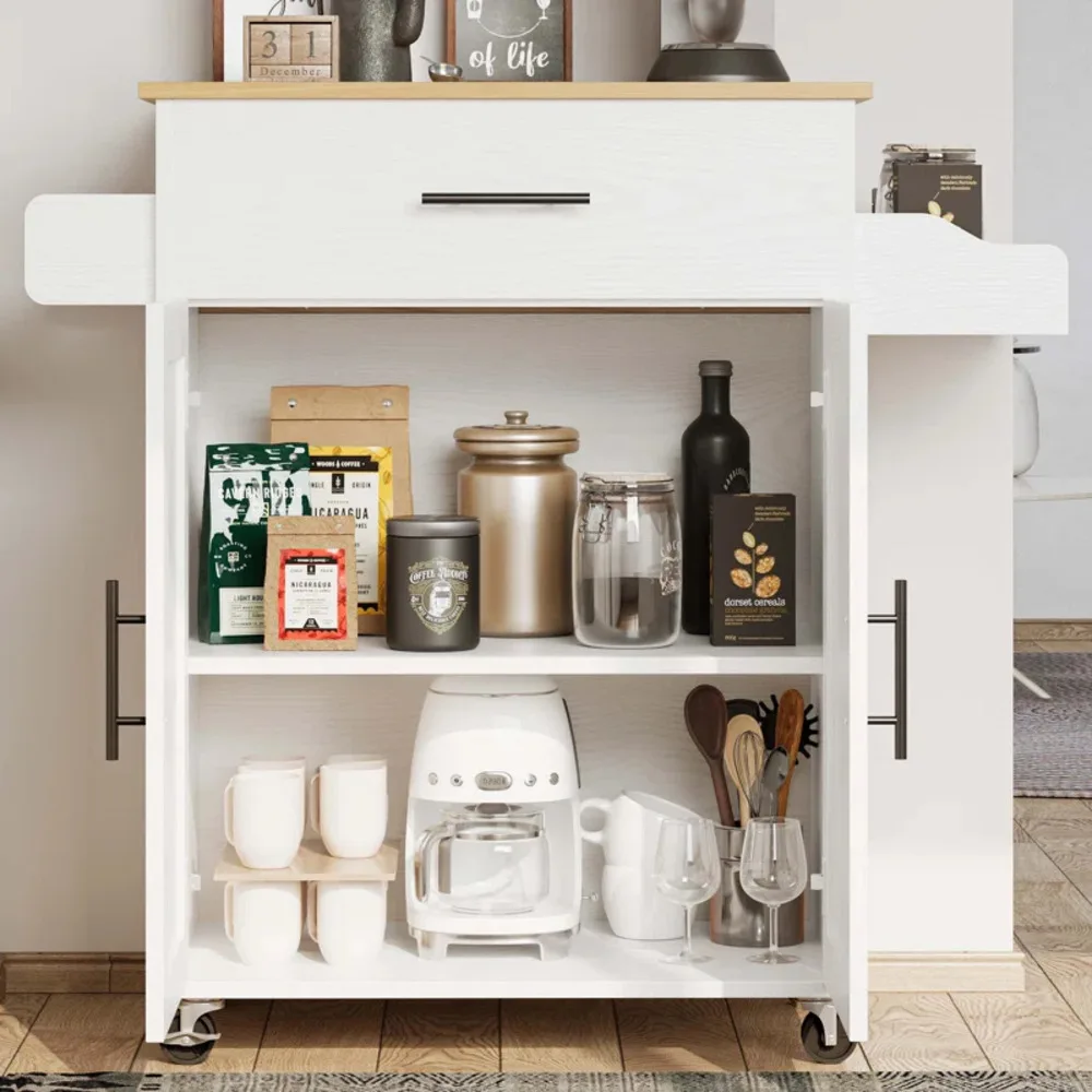 IRONCK Rolling Kitchen Island Table On Wheels With Drop Leaf, Drawer, Spice, Towel Rack, Small Mobile Trolley For Kitchen, White