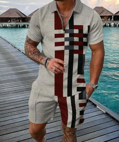 Imagen 2 del producto Conjunto de chándal Polo 2025, moda de verano para hombre, Polo de manga corta con cremallera, conjunto de pantalones cortos para hombre, ropa de calle informal, traje de 2 piezas