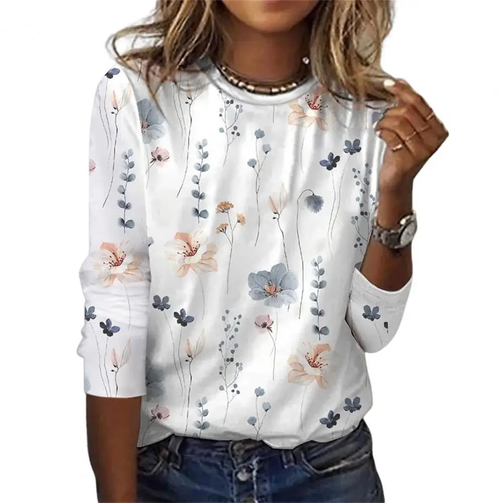 

Floral Print Top Women Loose Top Floral Print Women's Loose Fit O-neck Long Sleeve Blouse Thin Breathable Streetwear for Spring