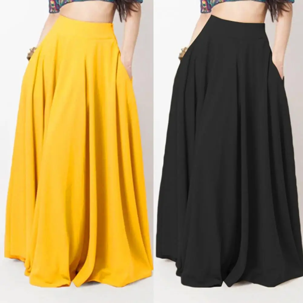 Women Maxi Skirt High Waist A-Line Solid Color Skirt with Pockets Loose Fit Pleated Long Skirt Leisure Women High Waist Skirts