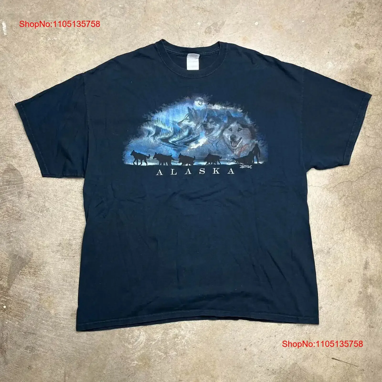 Vintage Y2K Alaska Wolf T Shirt Black Mens 2XL Dog Sled Iditarod vintage Washed designer clothes graphic Stylish