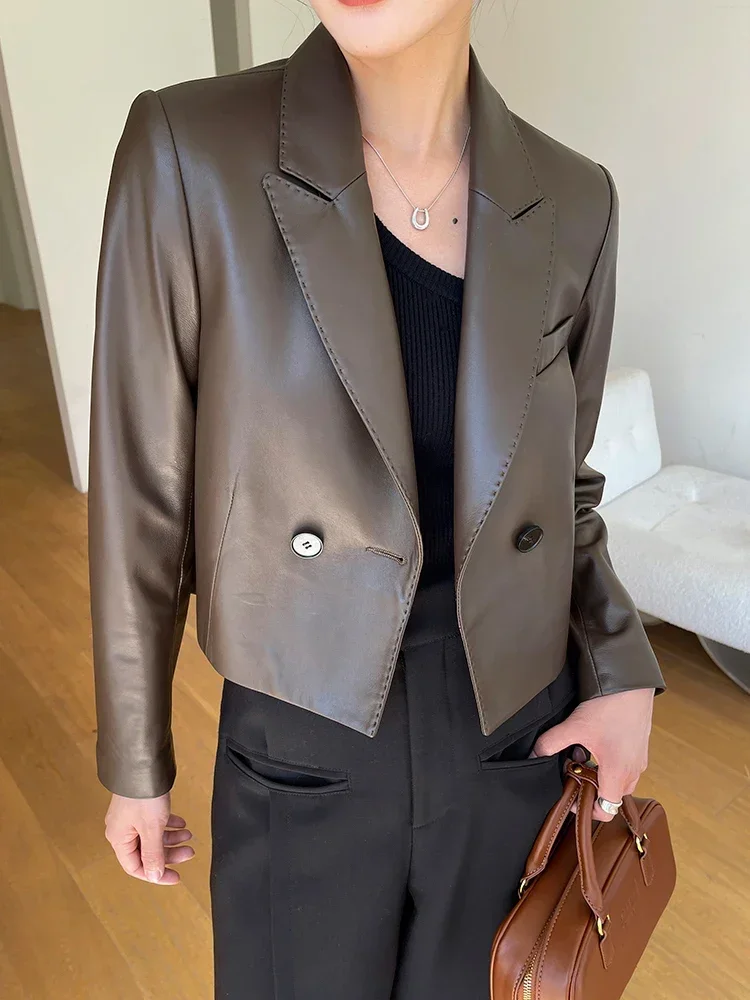 

Vintage Short Genuine Leather Blazer Jackets for Women Spring Autumn 2026 New High-end Simple Slim Cropped Real Sheepskin Coat
