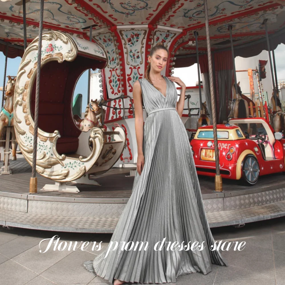 

Flowers Silver Party Dress Tank V-Neck Night Dresses A-Line Sleeveless with Pleats Prom Dress for Woman 프롬 드레스 Customized
