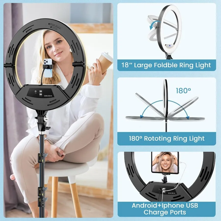 18 Large Ring Light with 60 Adjustable Tripod Stand for iPhone and iPad Portable Foldable BiColor LED Ring Light with 2500K6500