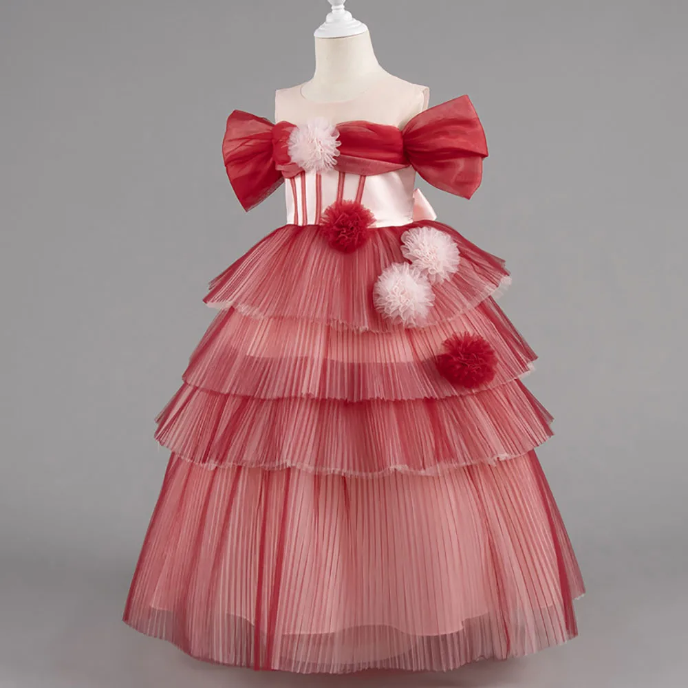 HETISO Flower Girl Dresses Tulle Layered Wedding Party Dress Mid-Calf Length Kids Princess Birthday Prom Gown 4-12 Years