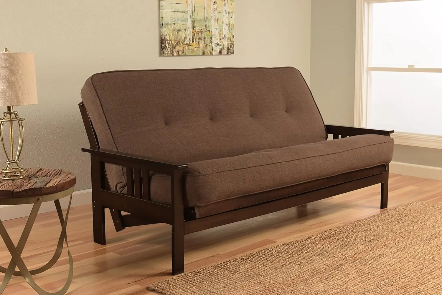 Montreal X Espresso Futon Frame W/Quality 8 Inch Innerspring Mattress Sofa Bed Set Full Size (Cocoa Linen Matt And Frame Only)