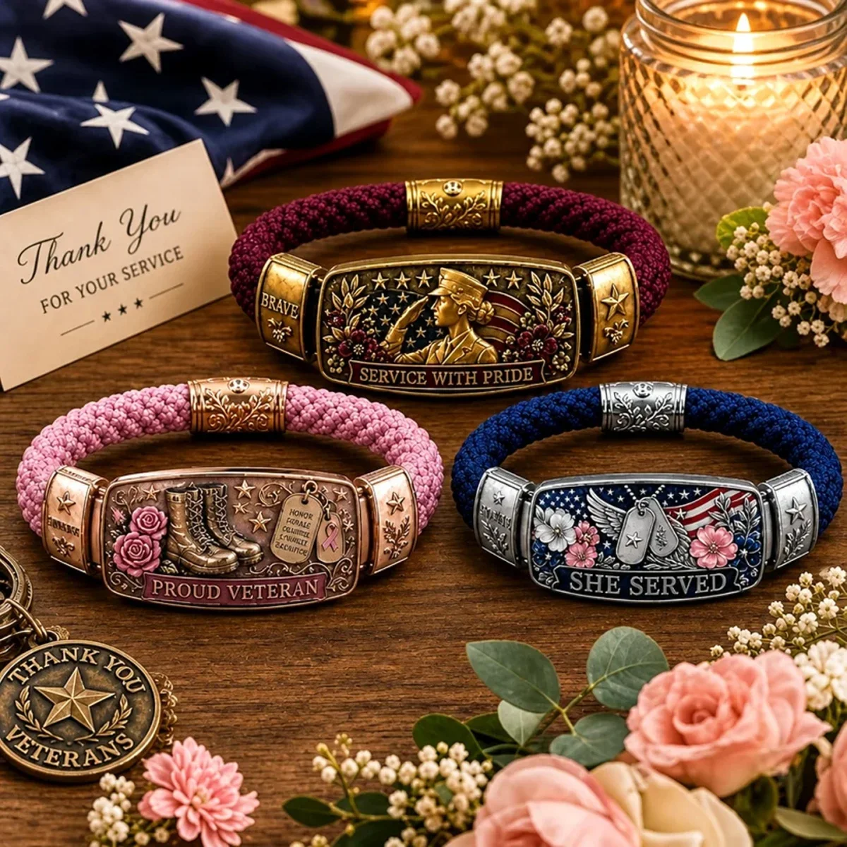 Veteran Braided Bracelet Patriotic Service Theme Metal Plate Woven Bangle Memorial Gift Bracelet Festival gift