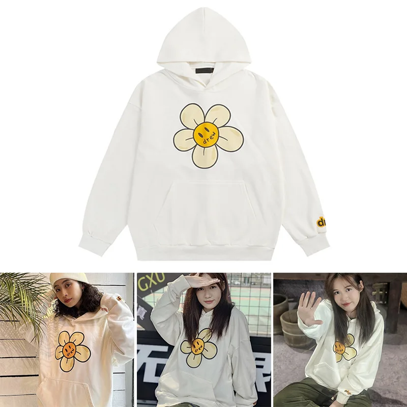 سترة بقلنسوة من Drew House Premium Smiley Daisy Print للجنسين للزوجين من American Streetwear #1