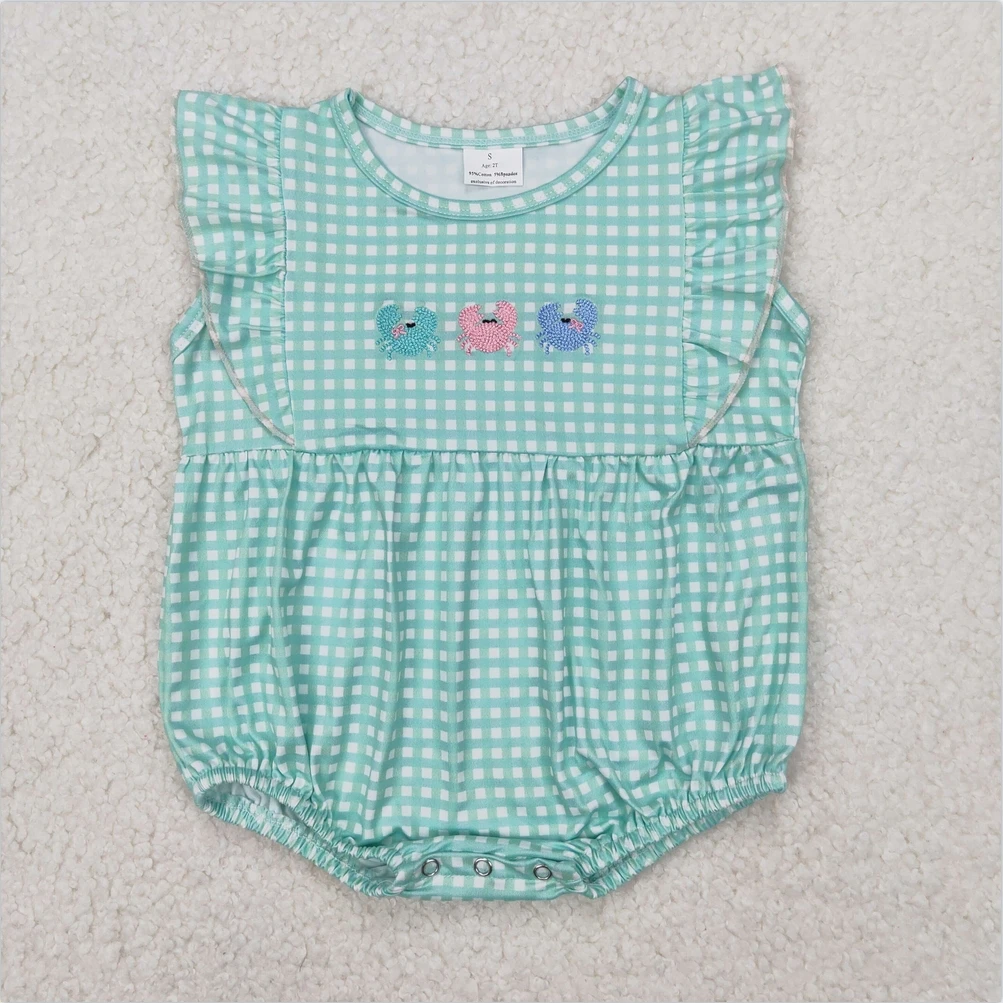 

New Short sleeve Baby Infant Girls Flutter Sleeves Sibling Embroidery Baby Infant Girls Green Checkered Crabs Rompers