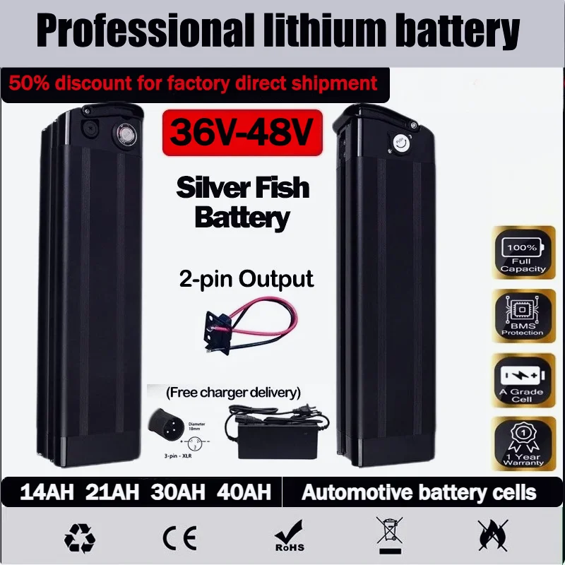 

40Ah 48V Lithium Battery 18650 Automotive Cells for 250-1500W Motor Fahrad Silver Fish Akku-built-in- bms， battery pack