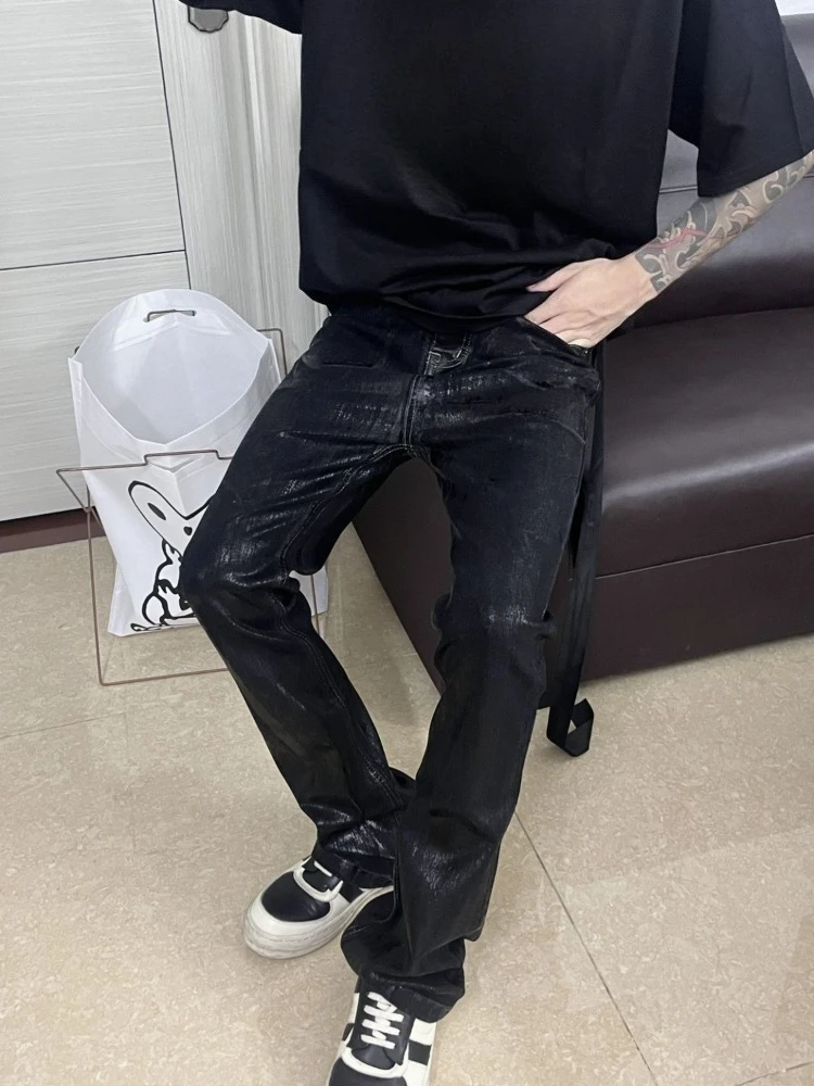 Mens Jeans Harajuku American High Street Streetwear Wax Coated Denim Pants Dark Style Micro Flared High Stretch Slim Fit Retro