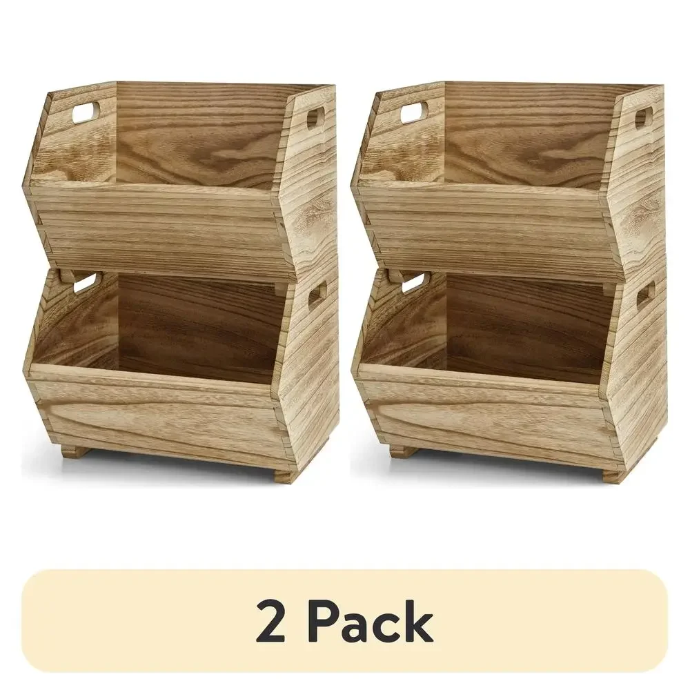 Adult Natural Wood Stacking Bin Set 2-Piece Organizing Toiletries Cleaning Supplies Books & More Durable Design with Cut-Out