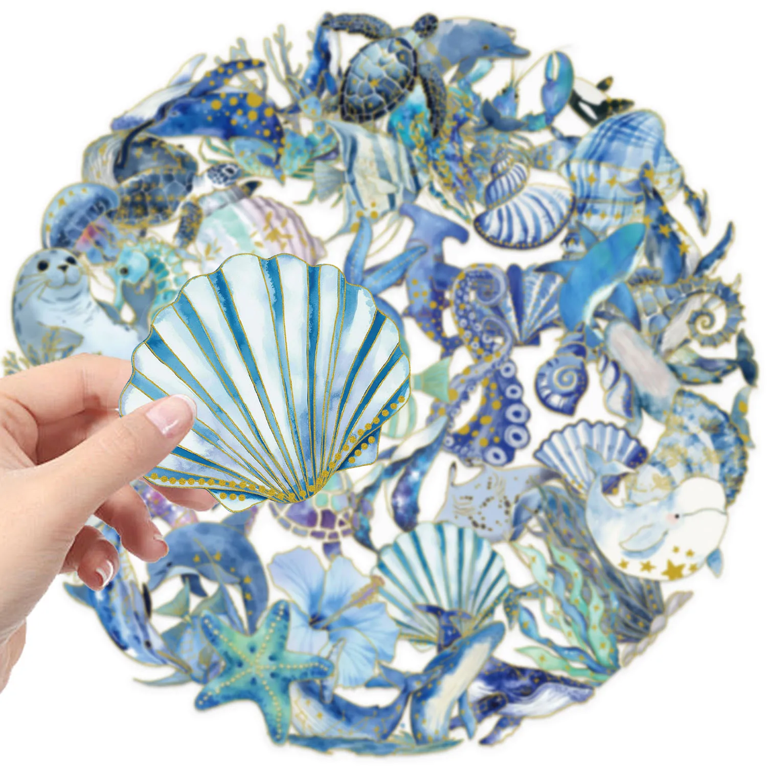 

10/50PCS Blue Gilding Marine Life Stickers PET Transparent DIY Toys for Phone Bottle Scrapbook Travel Bag Decals Creative Gifts