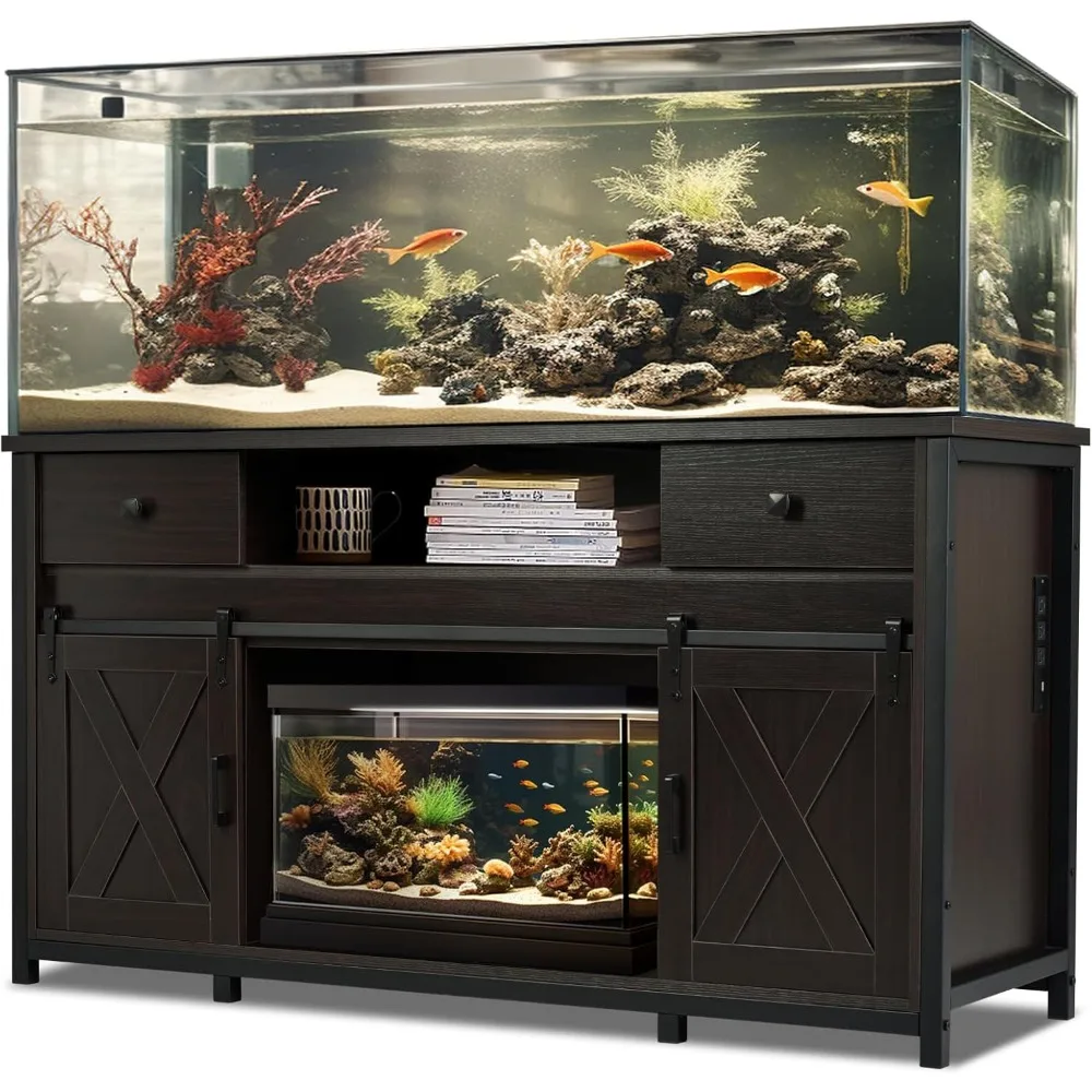 

75-120 Gallon Aquarium Stand with Power Outlets - Dual Aquarium Support, Cabinet Storage, Thick Hardwood Top, Versatile Socket w