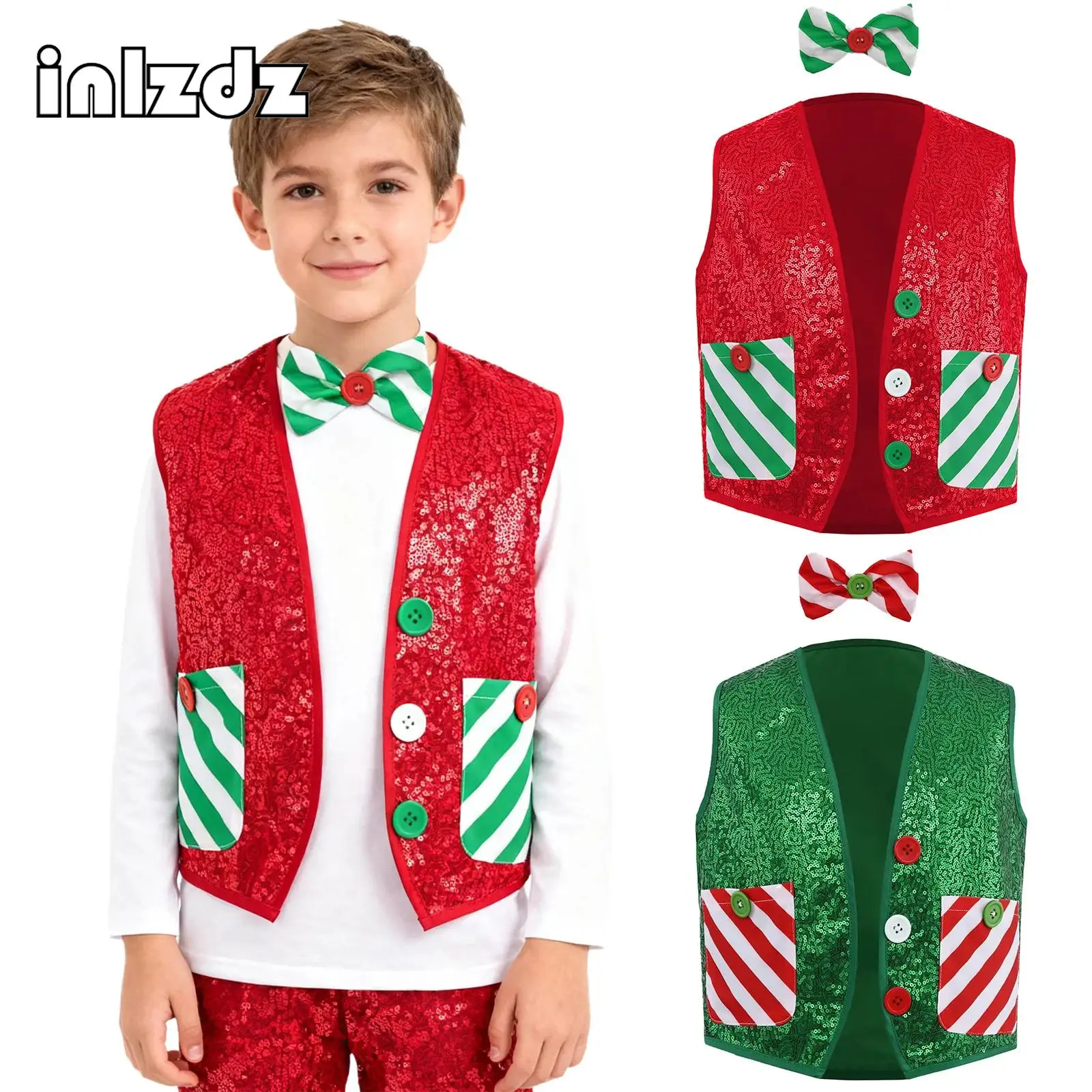 الأولاد الترتر عيد الميلاد سانتا كلوز قزم تأثيري حلي سترة دون أكمام صدرية مع ربطة القوس فيونكة ل اللاتينية الجاز ديسكو ملابس رقص #1