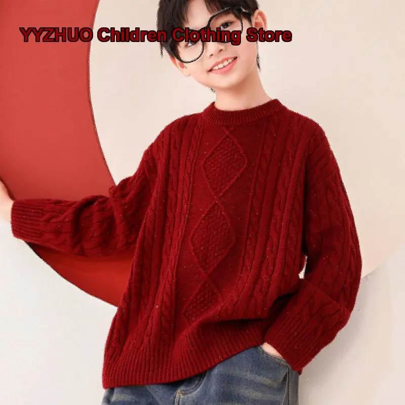 Boys Red Pullover Sweater Kids Autumn Winter Thickened Wool Knit Base Layer Top Older Kids New Year Outfit