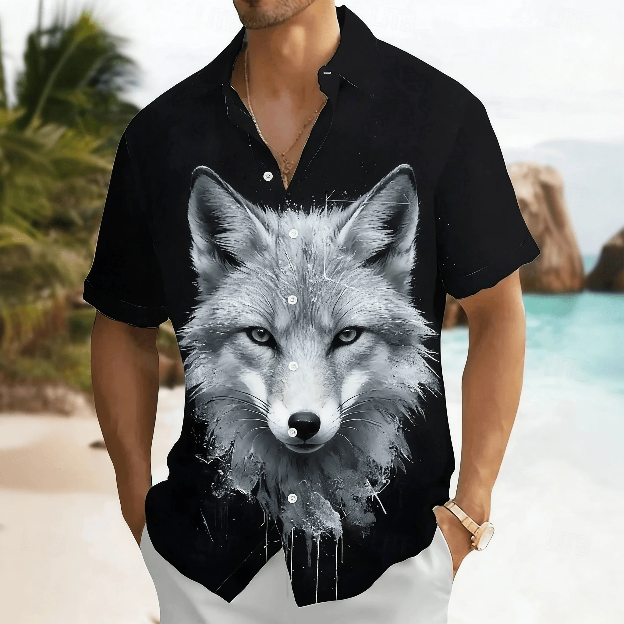 

Men's Realistic Silver Fox Head Print Short Sleeve Shirt, Abstract Splatter Art Design Button Down for Spring Summer Casual
