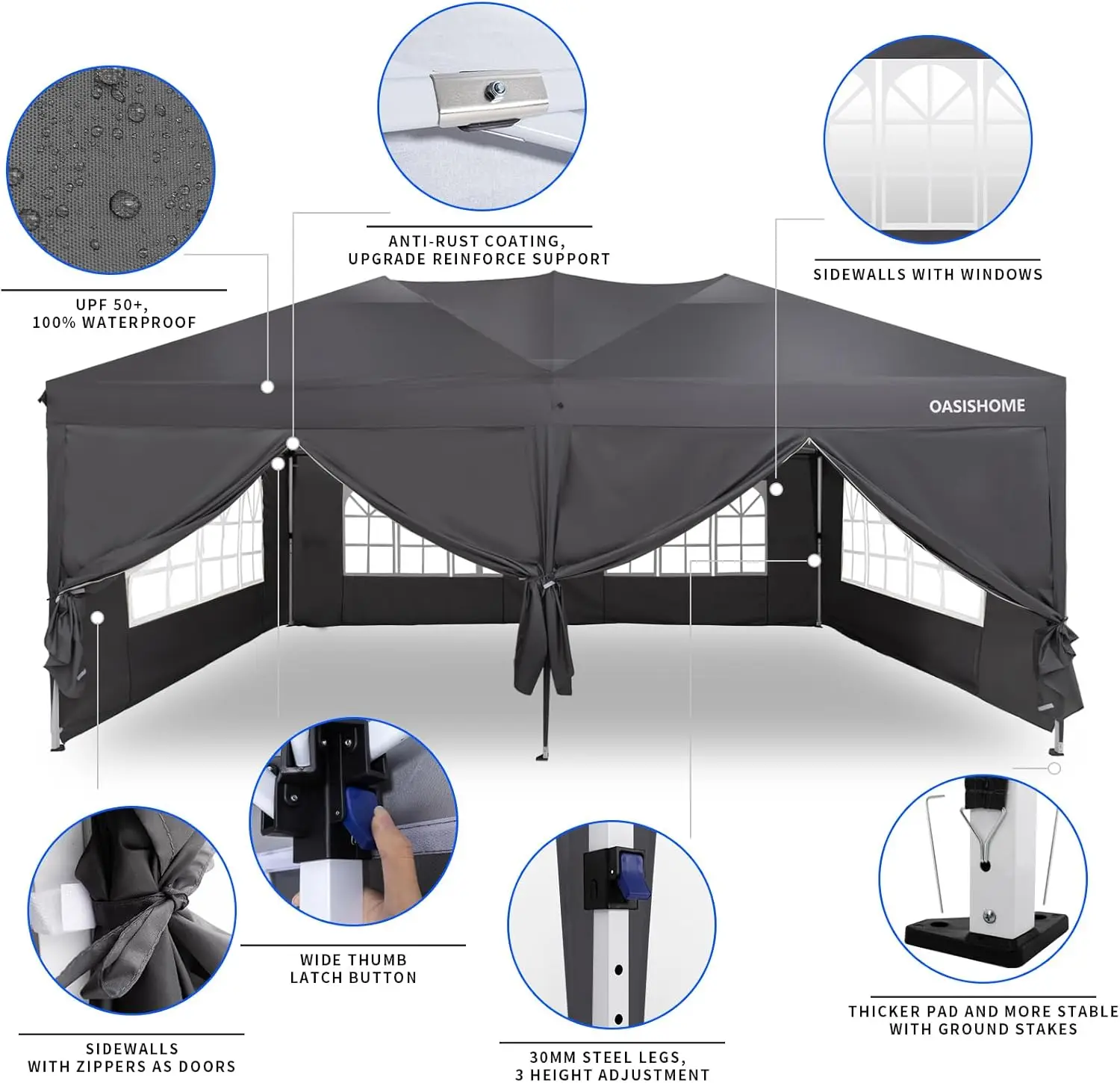 Pop-up Gazebo Instant Portable Canopy Tent 10'x20', with 6 Removable Sidewalls, Windows, Stakes, Ropes, Carrying Bag, for Patio/