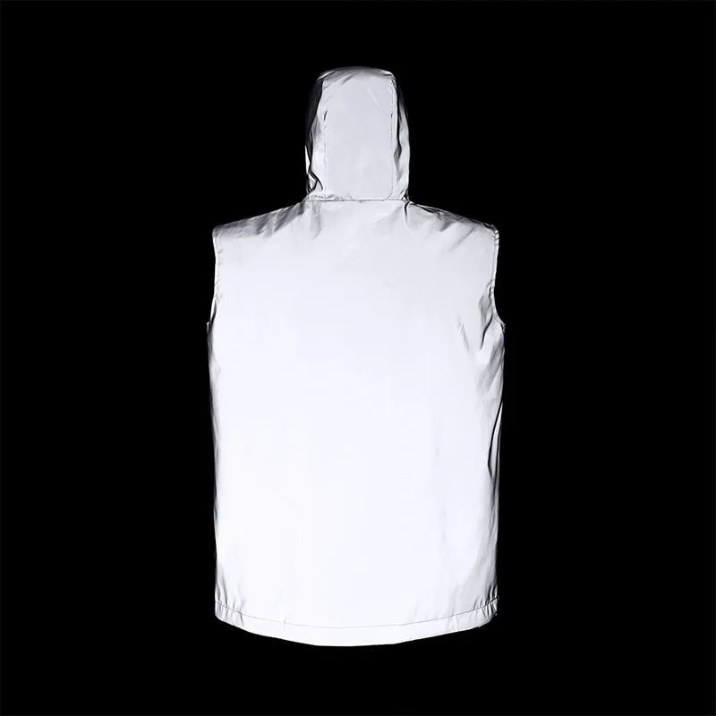 Reflective Sleeveless Hooded Vest Men Summer Running Cycling Safety High Visibility Hip Hop Streetwear Lightweight Sportswear