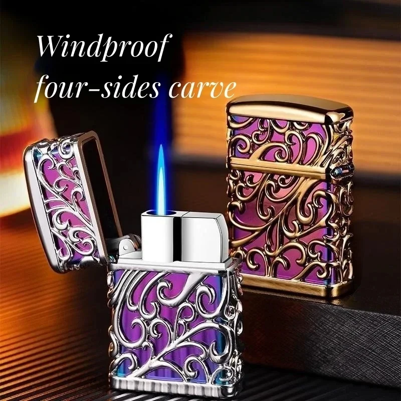 Hot Selling Metal Blue Flame Turbo Torch Inflatable Butane Gas Lighter Outdoor Windproof Lighter 3D Floral Pattern Cigarette Set