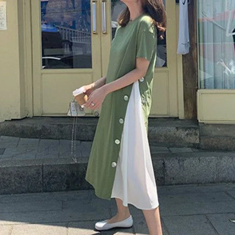 Robe d'été à manches courtes pour femmes, faux vêtements deux pièces, t-shirt à boutons, style coréen, document d'abonnés, patchwork