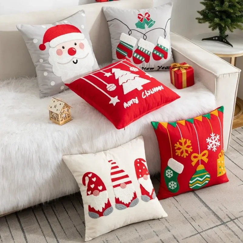 Juste de coussin brodée imprimée de dessin animé de Noël, taie d\'oreiller décorative, père Noël, canapé à la maison