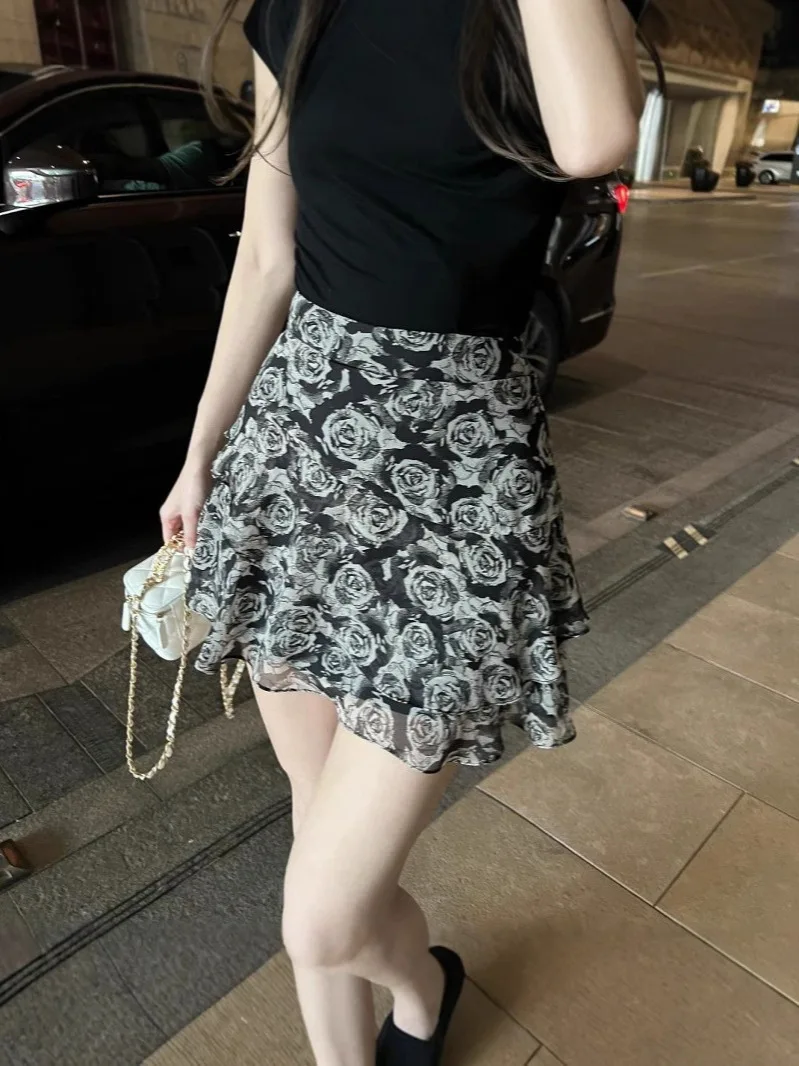 2026 Summer New Floral Printed Short Skirt Women High Waist Slim Ruffle Retro French Style Elegant Versatile Casual Skirts