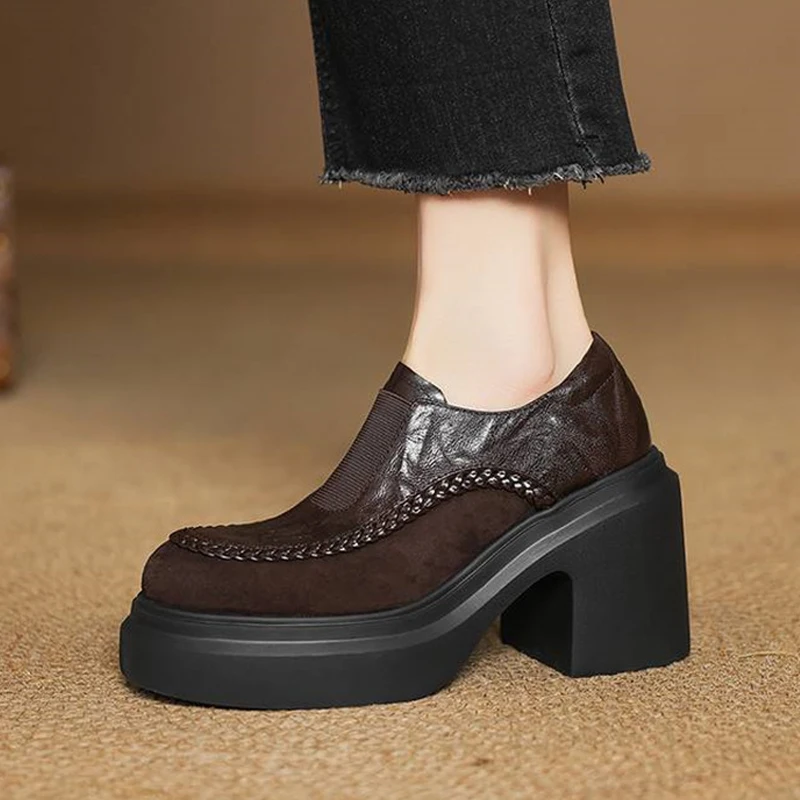 

Suede Sheep Leather Thick Bottom Increase Loafers High Heels Spring Autumn Shoes Luxury Casual Comfort Platform Women Pumps TE18