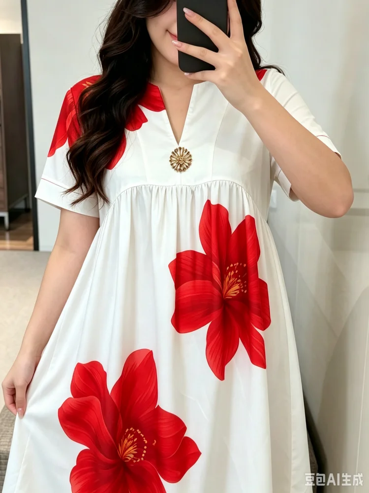 Kleid in Übergröße für Damen, mit Blumenmuster, knielanges Kleid, V-Ausschnitt, kurze Ärmel, lockere A-Linien-Silhouette, elegant, lässig, für Urlaub und den Alltag. – Detail 4