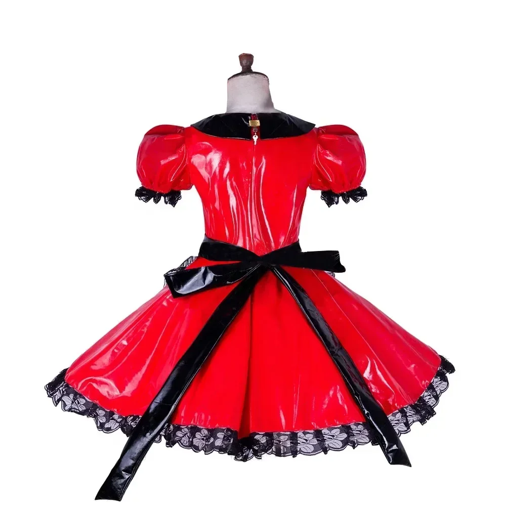 Lace Trims Maid Dress with Apron Lockable A-line Pleated Puff Short Sleeve Servant Cosplay Costume Shiny PVC Leather Suits