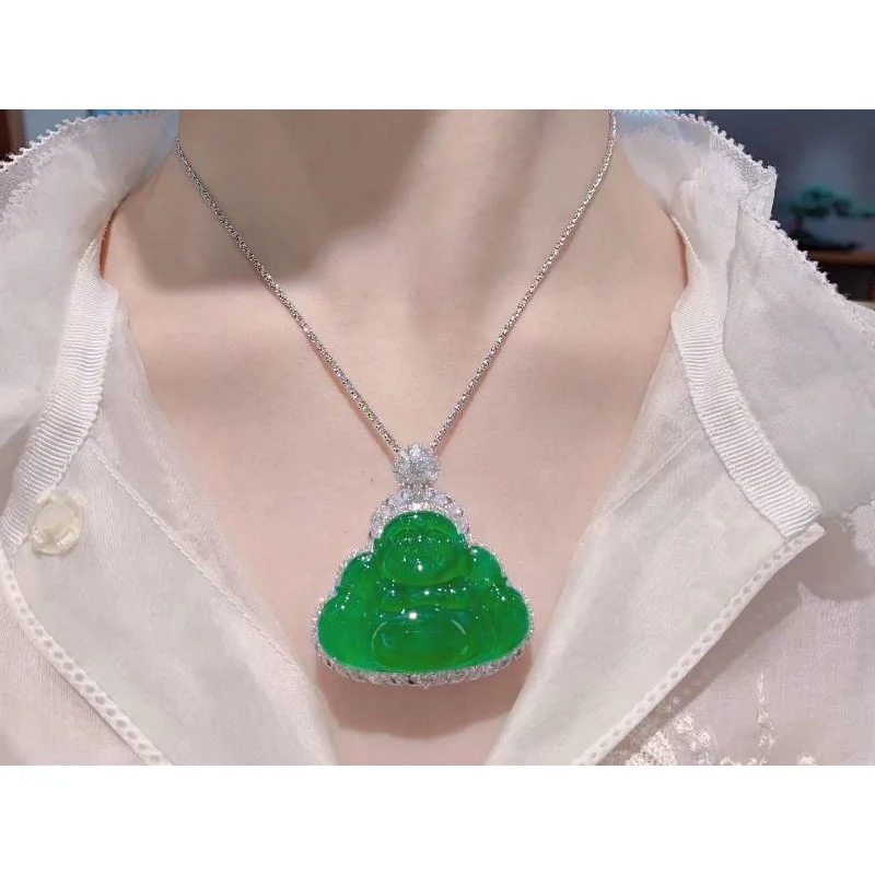 

Natural Full Green Ice-like Jadeite Jade Buddha Pendant Myanmar 18K Gold Inlaid