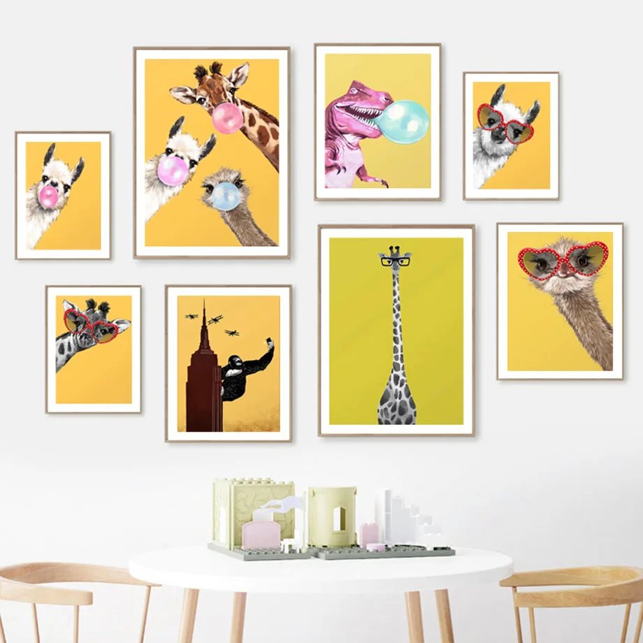 Fashion Hipster Llama Giraffe Glasses Wall Art Print Bubble Gum Pink T-rex Canvas Painting Nordic Poster Living Room Home Decor