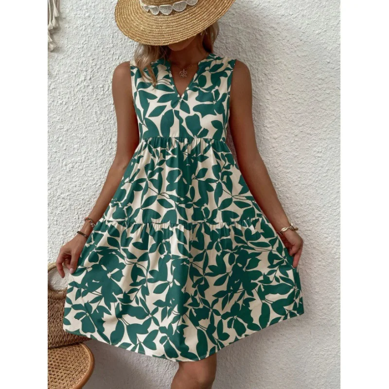 Moda com decote em v sem mangas boho impressão mini vestido feminino 2023 verão casual solto plissados vestidos curtos para mulheres