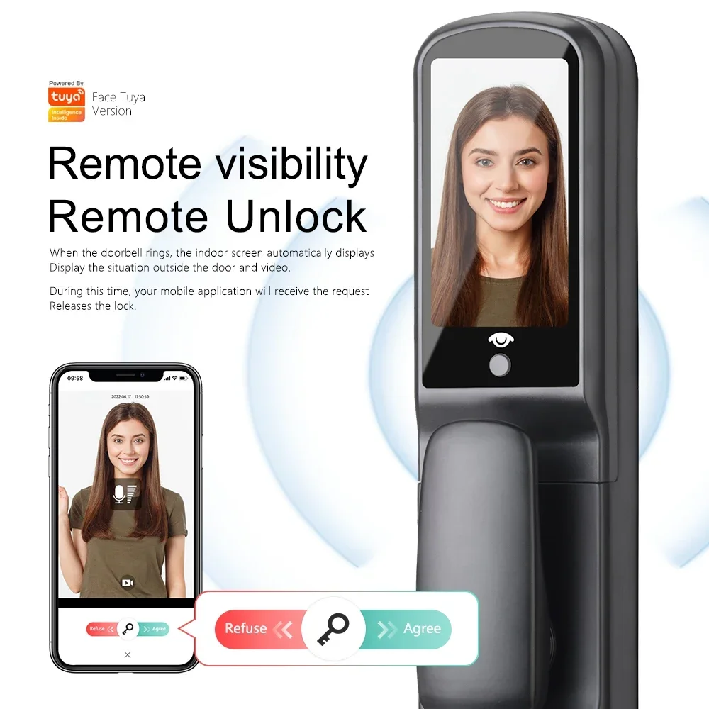 004 Eseye OEM/ODM Face Recognition Wifi Code Security Fingerprint Tuya Camera Smart Door Lock for home