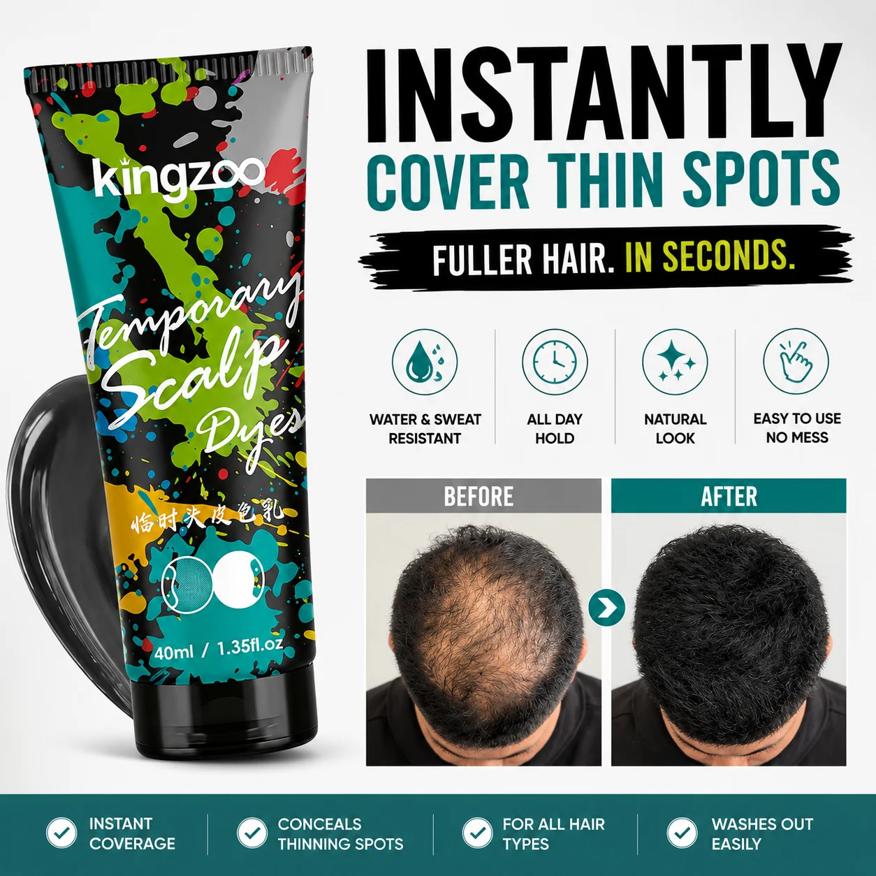 Ginzo Scalp Concealer Hair Dye Cream Temporary Root Touch Up for Men Covers Thinning Hair Wide Part Bald Spots Waterproof Sweatp
