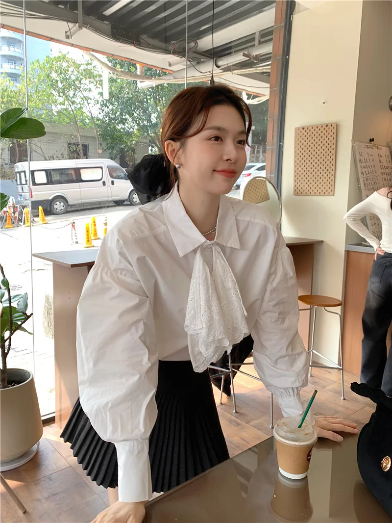 

Korean style Unique Soft Lace Trim Blouse, Elegant Women's Top