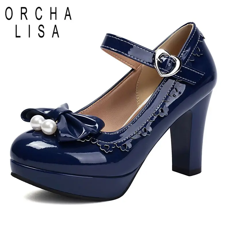 

ORCHA LISA Luxury Sweet Lolita Style Female Pumps Block Heels Platform Buckle Strap Bowknot Big Size 46 47 48 Shiny Dating Shoes