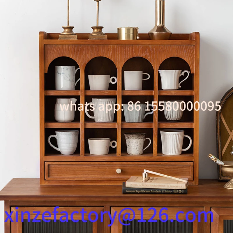 Scaffale da tavolo per tazze in legno personalizzabile, porta tazze da tè, portaoggetti in reticolo con cassetto