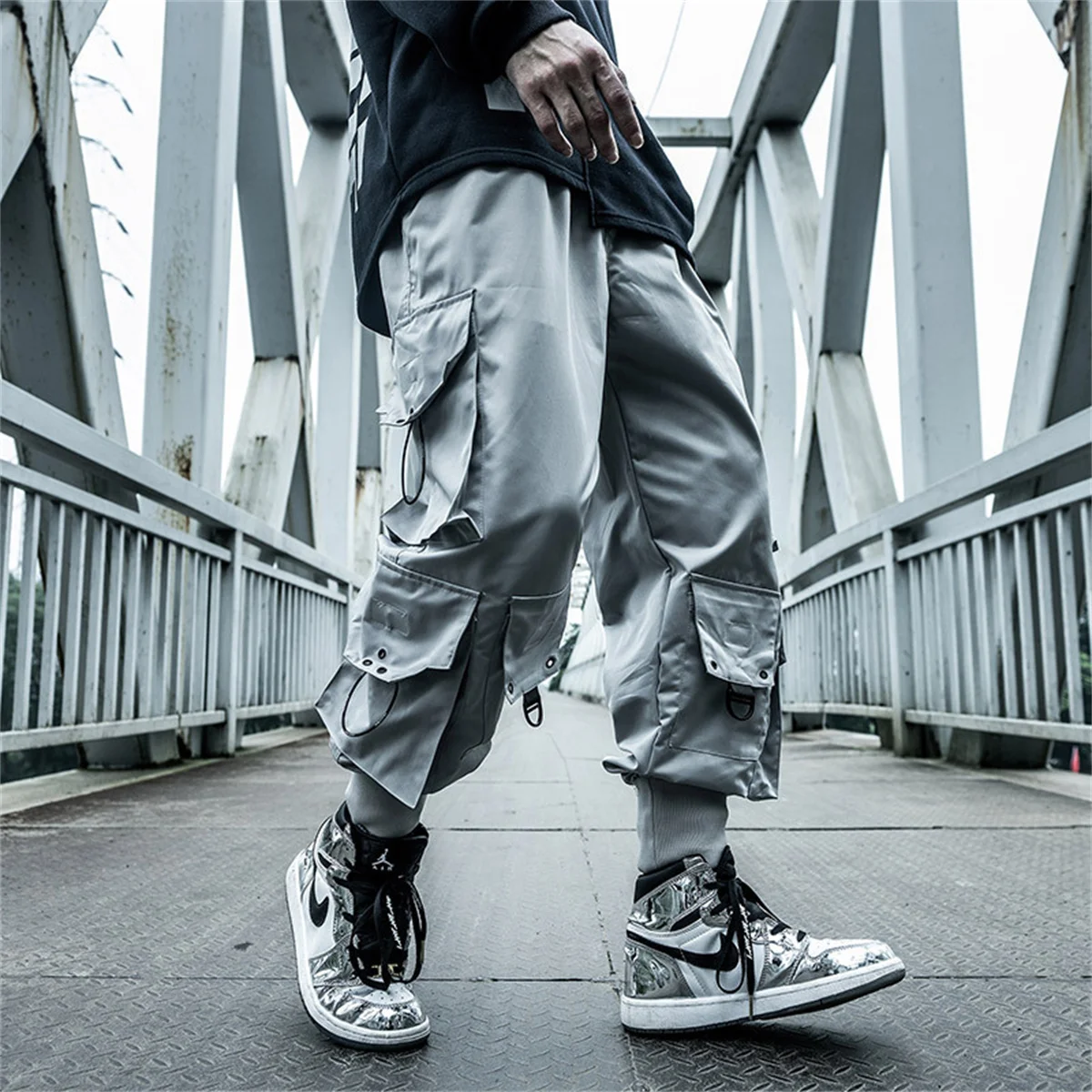 Men Black Cool Cargo Pants Pockets Gray Loose Out Door Elasticity Sports Oversize Kpop High Street Korean Pants Streetwear