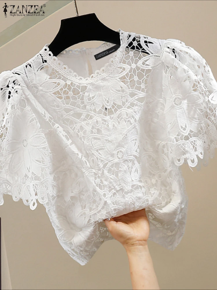

2025 ZANZEA Women Summer Blouse Lace Patchwork Casual Shirts Short Puff Sleeve Solid Color Tunic Tops O-Neck Loose Blusas Femme