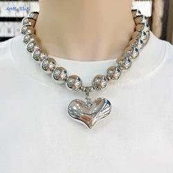MHS.SUN Big CCB Ball Beaded Chain and Heart Pendant Necklace for Women Trendy Choker Chunky Clavicle Chains 2024 New Jewelry