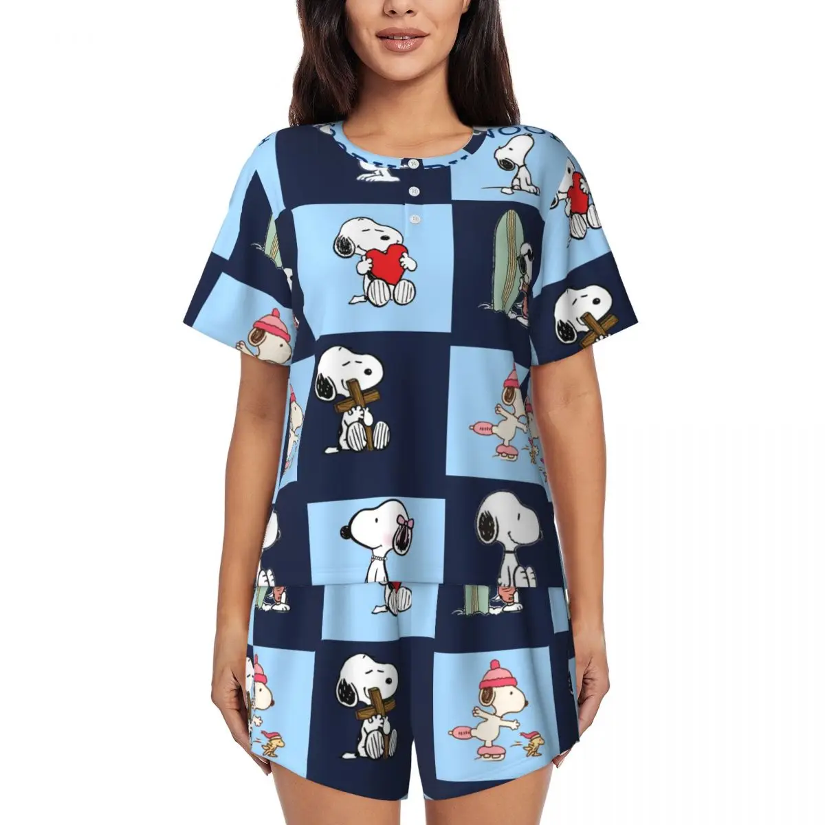 

Custom Printed Womens Manga Snoopy Woodstock Cartoon Dog Pajamas Set Short Sleeve 2 Piece Sleepwear Pj Lounge Sets
