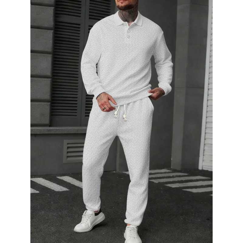 قميص بولو رياضي بأكمام طويلة للرجال من MenPOLOMEN مع نسيج أذن القمح وسروال طويل