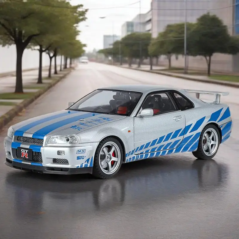 

1:18 Nissan Skyline GTR-R34 модель автомобиля из сплава, литой под давлением металлический автомобиль, звук и свет, коллекционные детские игрушки, подарки