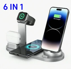 Cargador inalámbrico 6 en 1, estación de carga rápida para iPhone 15, 14, 13, 12, 11, X, Apple Watch, Airpods, teléfono de escritorio