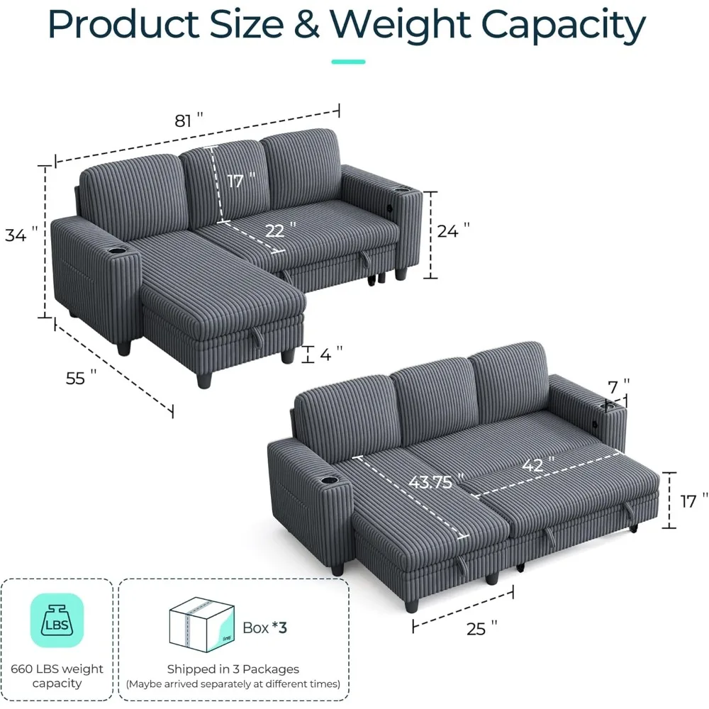 أريكة نوم مقطعية مع أريكة قابلة للسحب، أريكة سحابية من القطيفة قابلة للتحويل مع كرسي تخزين وشحن USB، مريح