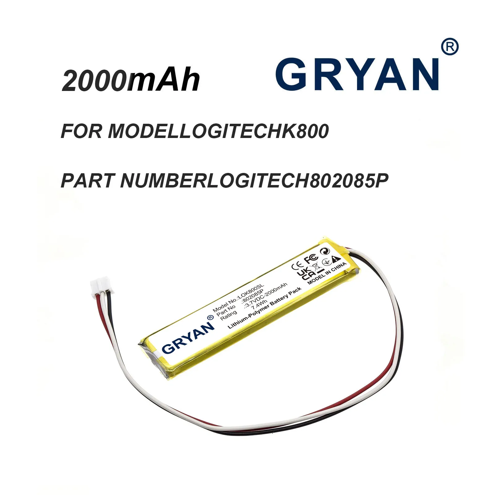 GRYAN 3.7V 2000mAh Replacement Keyboard Battery For Logitech K800 MX KEYS YR0073 Keyboard 533-000177 533-000221 802085P 533-0001