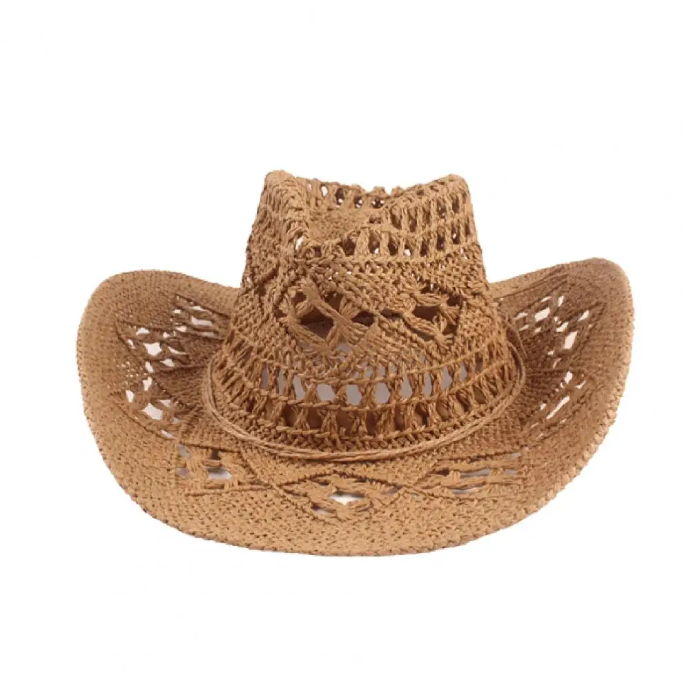 Cowboy Hat Classic Vintage Hollow Out Unisex Curled Edge Wide Brim Men Sun Hat Fishing Hat Handmade Cowboy Straw Hat Women Men